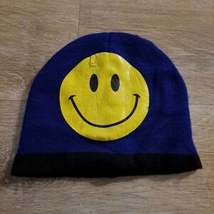Toddler's Yellow Black Smiley Face on Blue Black Trim Beanie One Size
